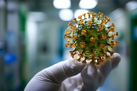 Gloved Hand Holding Detailed 3D Model of Green Virus Particle Microscopic Infection Disease Healthcare Medical Research Science Technology Digital Art Illustration gold  