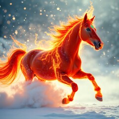 A fiery horse gallops through a snowy landscape with glowing energy