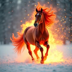 A majestic horse with a fiery mane and tail running through a snowy landscape