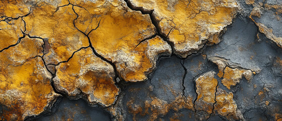 Cracked desert ground with vibrant yellow and deep fissures under bright sunlight
