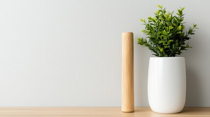 Modern minimalist decor with white vase and green plant on wooden shelf