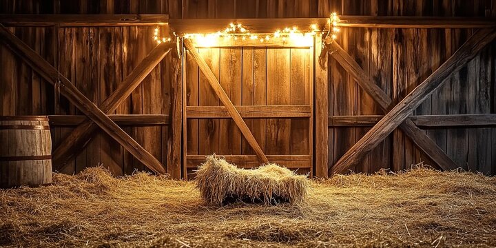 A rustic wooden barn with large double doors, the inside of which is filled with hay and an old manger containing a swaddled baby Jesus in a small bed. 