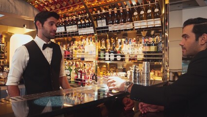 Smart bartender serving drink gin fizz with lemon sliced to VIP guest while waiting friend at luxurious counter bar. Barman providing excellent service at vibrant nightlife party atmosphere. Vinosity.