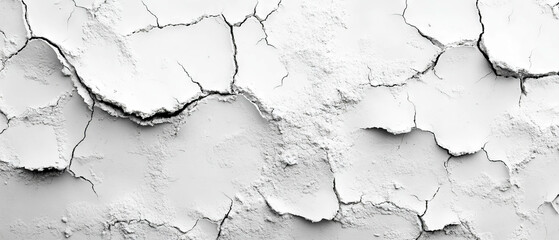 Obraz premium Cracked plaster texture with varied depths and rough white surface in detailed view