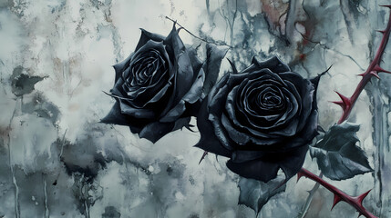 Black roses, thorns entwined, gothic garden, watercolor style. thornshade. illustration. Gothic Garden. Illustration