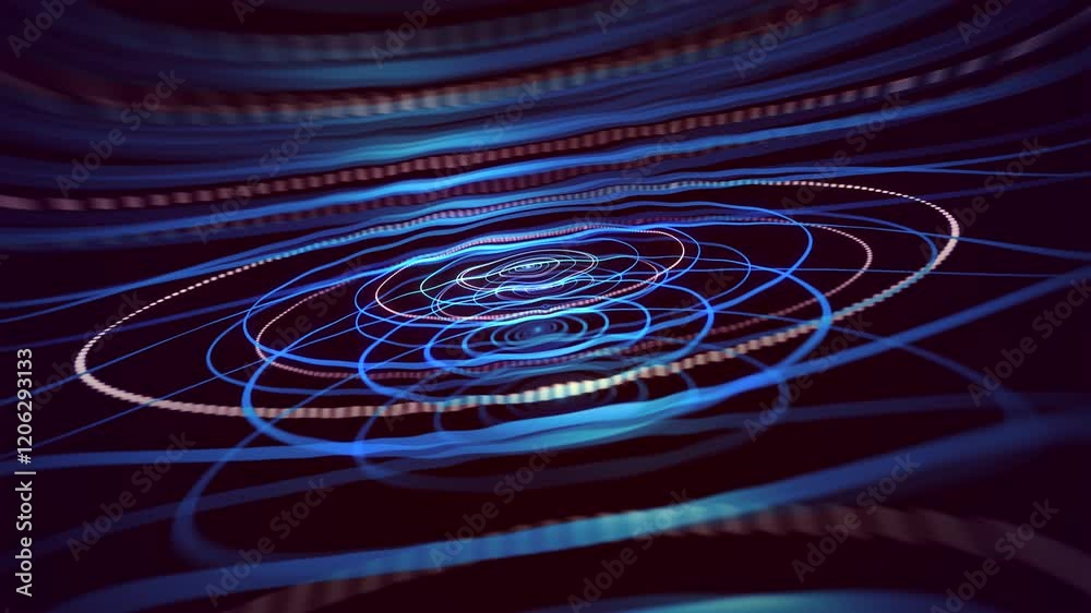 Poster graphic animated visualization of sound wave vibration. illusion with multicolored concentric circle