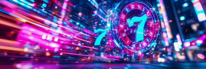 Neon Roulette Wheel in Motion: A Thrilling Night Scene