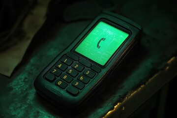 Obraz premium Early 2000s Mobile Phone: Glowing Green Screen in Dim Light