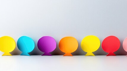 Colorful abstract fish-shaped figures arranged in row on light background