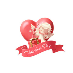 Happy Valentine's Day. 3D character of cupid, heart, gift, red ribbon with a greeting. For concepts of celebration of love, anniversary, wedding. Print on t-shirts, advertising, discounts. Vector