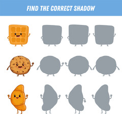 Find the correct shadow of the croissant, cookie, viennese waffle. Educational logic game for children. Cute cartoon bakery characters. Vector illustration