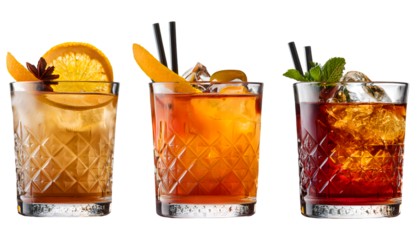  set of Old fashioned cocktail drink isolated on white background