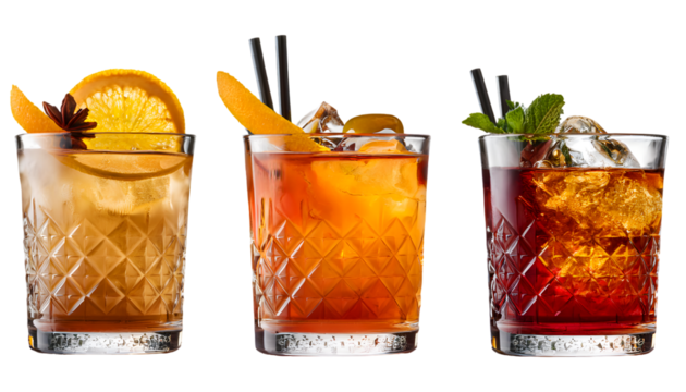  set of Old fashioned cocktail drink isolated on white background