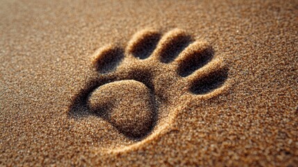 Close-up of a bear paw print in fine sand, showcasing natural textures and patterns, with a serene beach background