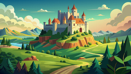 View of a historic castle perched on a hill surrounded by lush green countryside © williamnoah