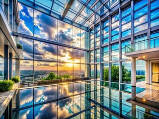 Obraz premium Modern Glass Estate Architecture: Skyview Urban Exploration Photography