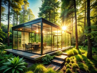 Obraz premium Modern Glass House nestled in lush green forest, architectural design, nature background, sustainable home
