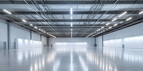 Obraz premium A large, empty warehouse with LED lighting for energy efficiency and comfortable working conditions.