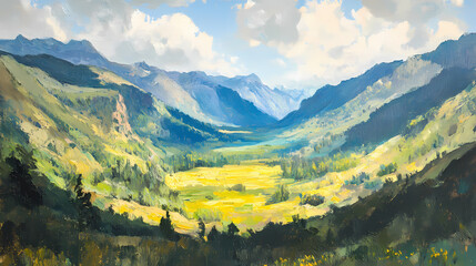 Fototapeta premium Oil painting depicting a scenic view of a majestic valley surrounded by mountains. Majestic Valley. Illustration