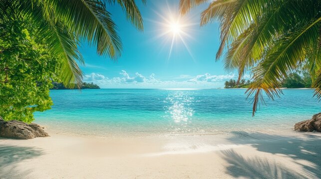 la mer bleu azur des maldives, les plages de sable blanc et les palmiers, le soleil brille dessus. la plage est recouverte de sable fin, entour&eacute;e d'eau cristalline