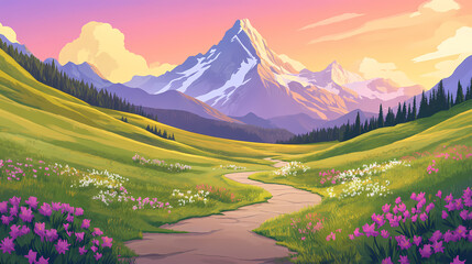 Serene mountain valley landscape with winding paths, showcasing a majestic peak and lush green meadows under a vibrant sky. Majestic Valley. Illustration