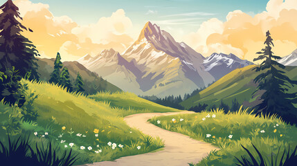 Serene mountain valley landscape with winding paths, showcasing a majestic peak and lush green meadows under a vibrant sky. Majestic Valley. Illustration