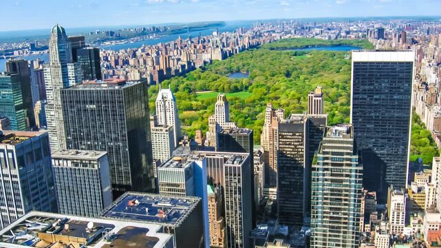 Aerial view from the Top of The Rock at Rockefeller Center of buildings, skyscrapers and central park, Manhattan, New York, United States. REAL PHOTO ANIMATED BY AI