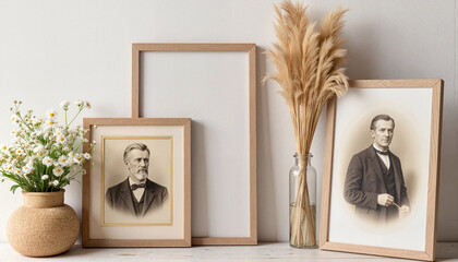 Elegant ancestral portraits with floral decor in quiet room, personal history