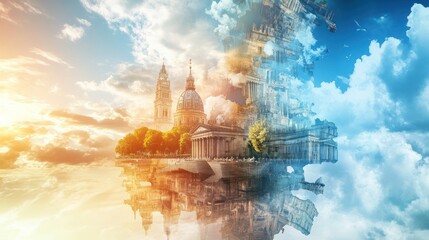 Surreal cityscape reflection in cloudscape.