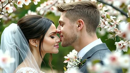 Couple Sharing Loving Gazes in Blooming Flower Garden
