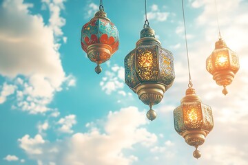 Obraz premium Decorative Lanterns and Ornaments Floating Against a Dark Background.