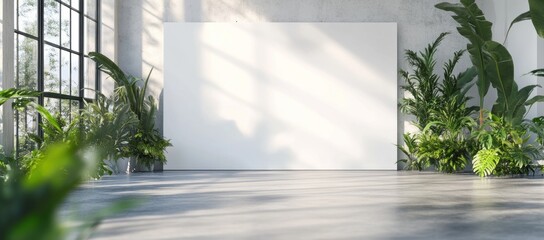 Modern Minimalist Interior Design with Greenery and Blank Canvas