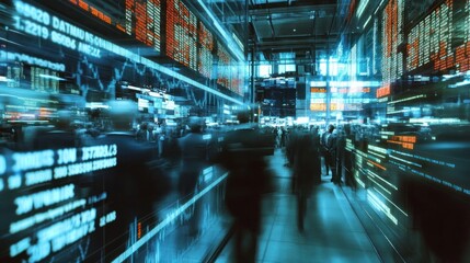 Dynamic stock exchange trading floor with blurred people and data.