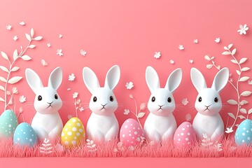 Obraz premium Four white Easter bunnies surrounded by colorful eggs on a pink background
