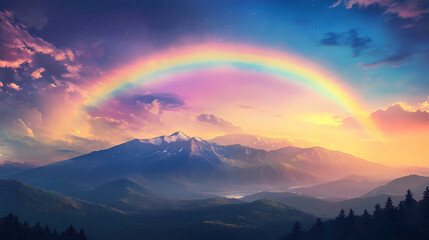 A majestic mountain range under a vibrant rainbow. Majestic Valley. Illustration