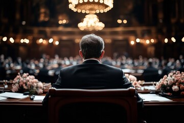 Obraz premium A man sits at the head of a long table, facing a large group in a beautifully adorned hall. The atmosphere is tense as leaders engage in critical discussions about important issues