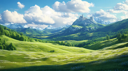 Obraz premium A serene landscape featuring rolling hills, lush greenery, and a majestic castle under a bright blue sky, perfect for fantasy themes. Majestic Valley. Illustration