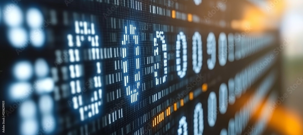Poster abstract glowing binary code against a dark background blue and orange hues in digital display.