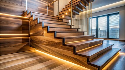 Modern Minimalist Wooden Staircase Interior Design - Stock Photo