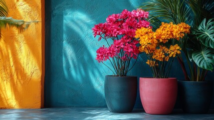Vibrant flowers in blue and pink pots against a teal wall