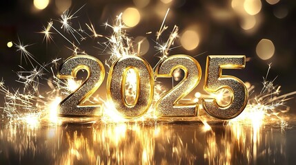 Closeup of golden 3D "2025" numbers with sparklers and sparkling bokeh lights for New Year's Eve