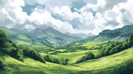 Fototapeta premium Lush green valley nestled between majestic mountains under a cloudy sky. Majestic Valley. Illustration