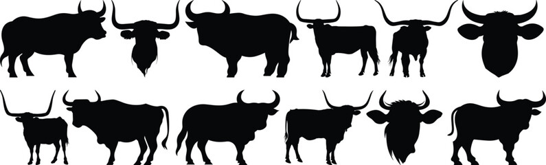 Cow silhouette set vector design big pack of longhorn illustration and icon