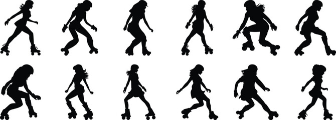 Skater silhouettes set, woman pack of vector silhouette design, isolated background