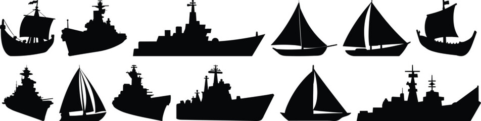 Ship silhouettes set, vessel pack of vector silhouette design, isolated background