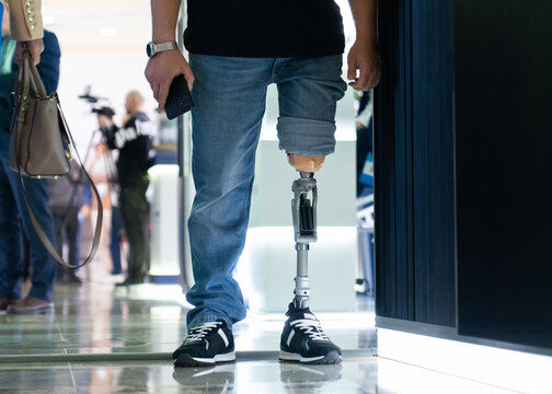 Modern prosthetic leg. Close-up of a man with a prosthetic leg.