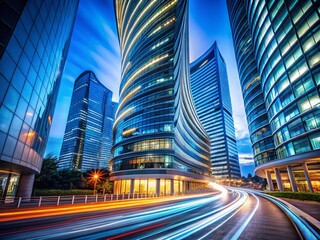 Obraz premium Modern Spiral High-Rise Building, Long Exposure Night Photography