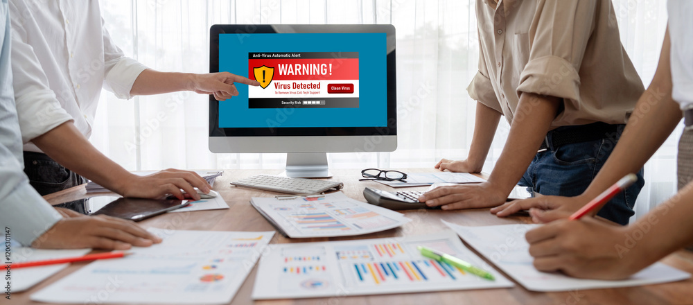 Poster Virus warning alert on computer screen detected brisk cyber threat , hacker, computer virus and malware