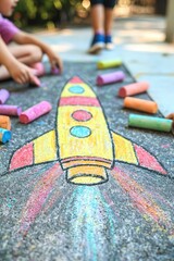 Fototapeta premium children drawing a rocket on the asphalt. Selective focus