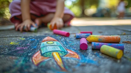 children drawing a rocket on the asphalt. Selective focus
